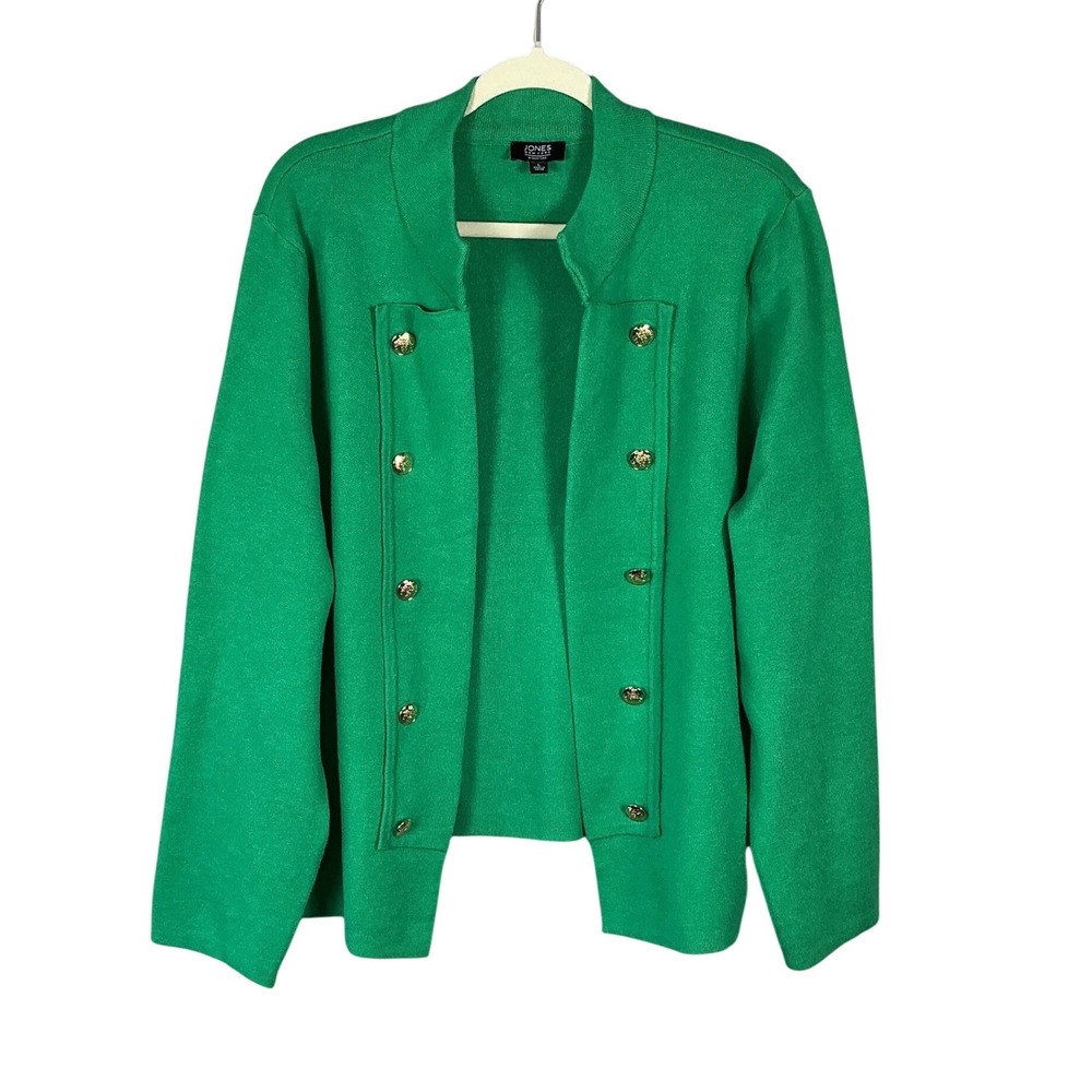 Jones New York Signature Green Military Gold Crest Button Knit Cardigan L
